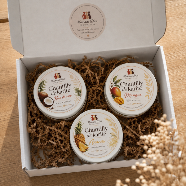 Coffret cadeau chantilly de karité - trio mangue, ananas, noix de coco, Mamans d'ici et d'ailleurs