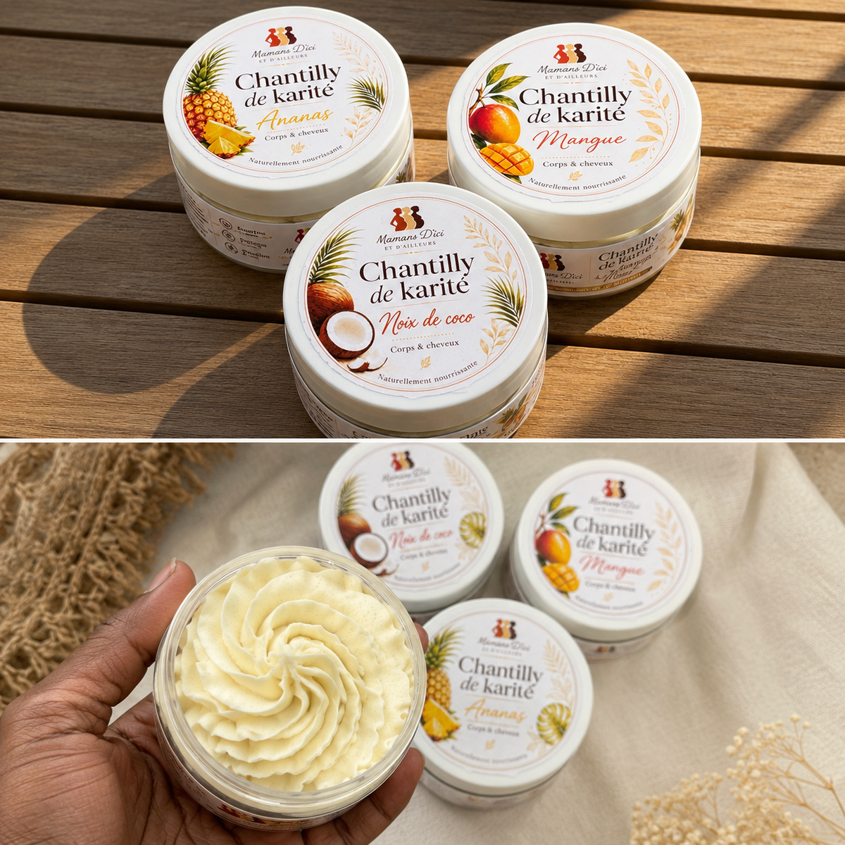 Texture fouettée de la chantilly de karité bio - trio gourmand mangue, ananas, coco