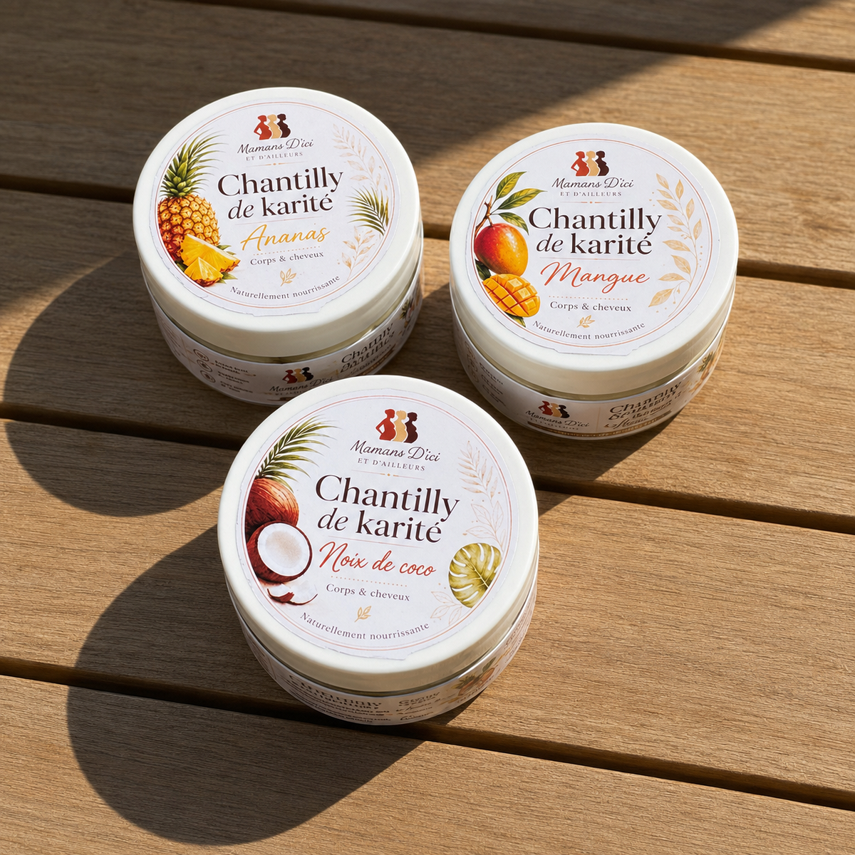 Trio de chantilly de karité gourmande - parfums mangue, ananas et noix de coco