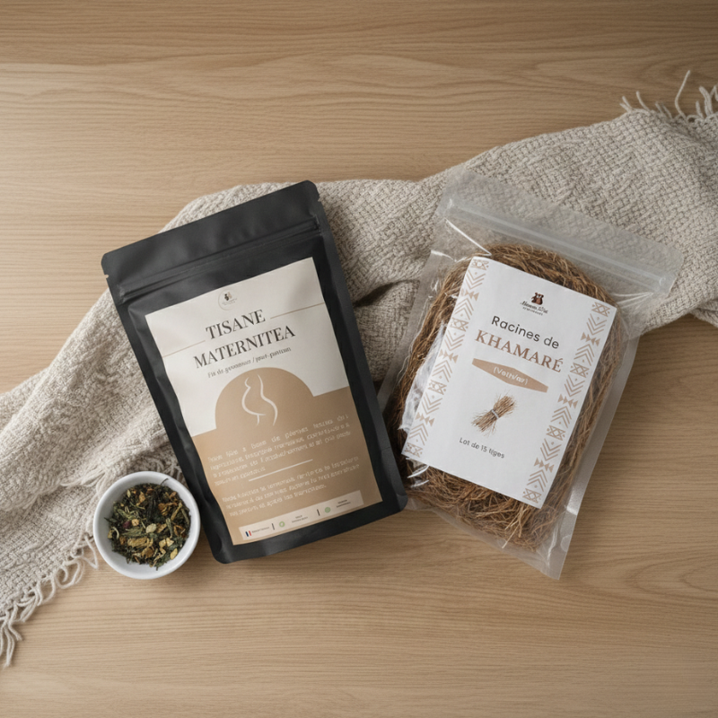 Vue de dessus d'un pack bien-être composé d'un sachet de "Tisane Maternitea" noir et d'un sachet transparent de "Racines de Khamaré", disposés sur une table en bois clair avec un linge en coton beige et un petit bol de plantes séchées.