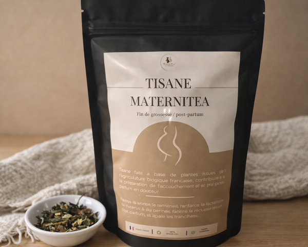 Sachet de tisane Maternitea pour l'allaitement et la récupération après l'accouchement.